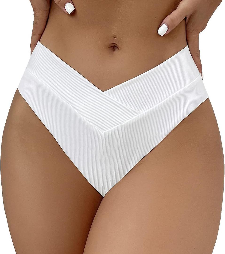 SherryDC Women's V Cut High Waisted Bikini Bottom High Leg Cut Swimsuit Bathing Suit Bottoms (824 White)