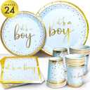 Sweet Baby Co. Oh Baby Boy Shower Plates and Napkins Boy Decorations for 24 with Its a Boy Paper Plate, Napkin, Cups Babyshower Tableware Set Gender Reveal Party Supplies Birthday (Light Blue, Gold)