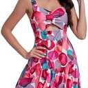 Womens Summer Dresses Boho Sleeveless V Neck Mini Baby Dress Floral Stretch Straps Beach Mini Bubble Dress (Medium, Pink)