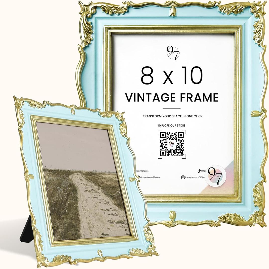 97 Decor Vintage Picture Frames 8x10 - Blue Gold 8 By 10 Pretty Frame, Fancy Picture Frames For Tabletop And Wall Hanging, Cool Ornate Decorative Antique Frame 8 x 10 For Home Bedroom