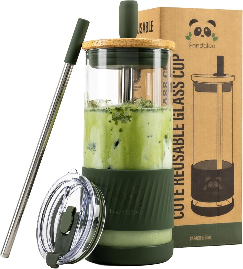 Pandaloo Glass Cups With Lids and Straws -20 Fl Oz- Perfect Size Iced Coffee Cup - Smoothie Cup With Bamboo Lid and On the go Lid - Glass Tumbler With Straw (1 Count (Pack of 1), Mediterranean Olive)