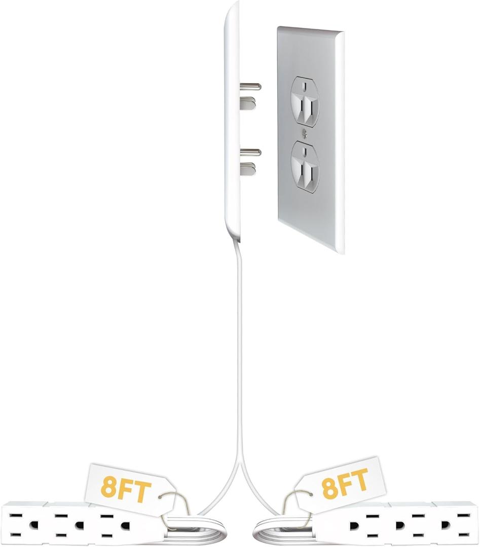 Sleek Socket Original & Patented Ultra-Thin Outlet Concealer With Cord Kit, Flat Extension With Multi Outlets Power Strip, Ideal for Home Improvement, Hide Bulky and Messy Cords (8ft - Dual Cords)