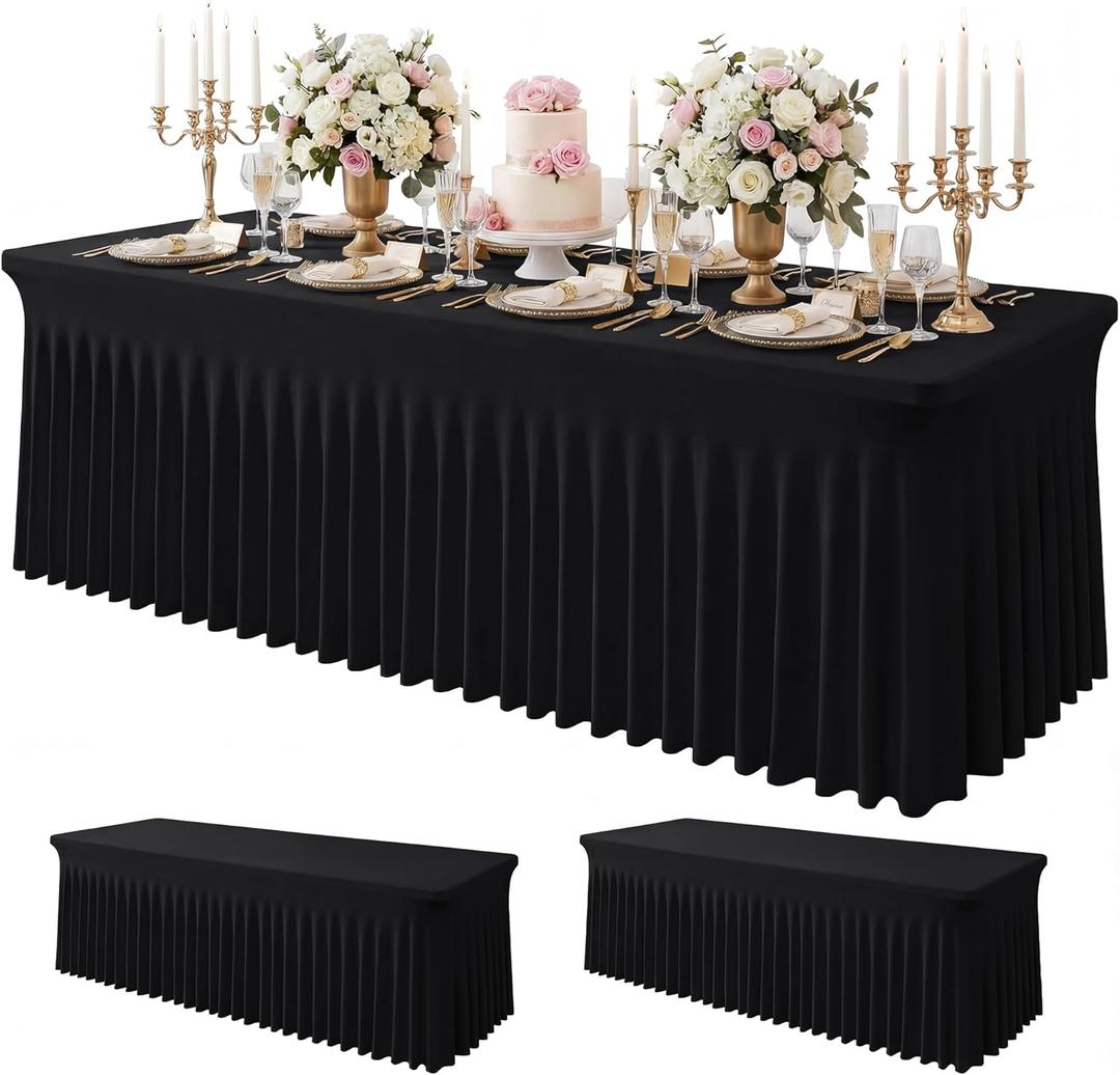 4 Pack Black Spandex Tablecloth for 8FT Rectangle Tables, Table Skirt 30x96 Inch Stretch Table Cloths Elastic Fitted Tables Cover for Wedding Parties Birthday Banquet Baby Shower Events