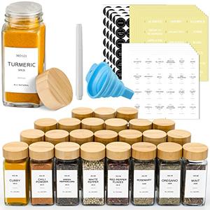 NETANY 24 Pcs Glass Spice Jars with Bamboo Lids, 4 oz Glass Jars with Minimalist Farmhouse Spice Labels Stickers, Collapsible Funnel, Seasoning Storage Bottles for Spice Rack, Cabinet, Drawer incomplete