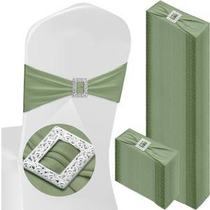 VitalCozy 100 Pcs Spandex Chair Sashes with Square Buckle Slider Stretch Chair Cover Band Universal Elastic Ties Straps Bows for Wedding Banquet Event Party Decoration(Sage Green)