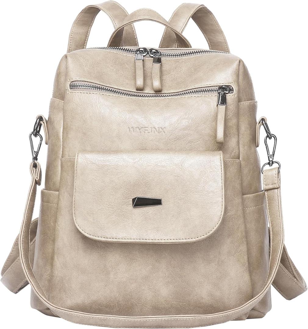 WYFJNX PU Leather Backpack Purse for Women Fashion Multipurpose Design Handbag Ladies Shoulder Bags Travel Backpack Beige