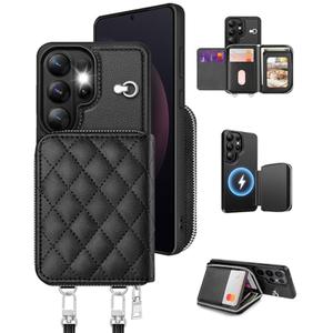OCASE Compatible with Samsung Galaxy S26 Ultra Crossbody Wallet Case with Card Holder, PU Leather Zipper Handbag Magnetic Phone Purse with RFID Blocking Kickstand Wrist Strap Lanyard, Black