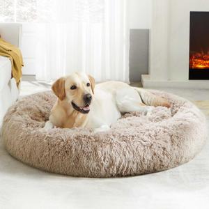 WESTERN HOME WH Calming Dog Beds Large Sized Dog - Donut Fluffy Pet Bed, Round Faux Fur Plush Bed (36.0"L x 36.0"W x 8.0"Th, Brown)