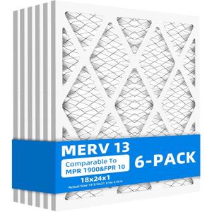 (6 Pack) 18x24x1 Furnace Air Filters, MPR 1900 & FPR 10, MERV 13 Pleated Air Filter (Actual Size: 17.75" x 23.75" x 0.75")