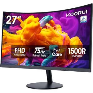 KOORUI 27 Inch Curved Monitor FHD 1080P 75Hz Computer Monitors, 1500R PC Screen with HDMI VGA, TÜV Rheinland Certified, Tilt Adjustable,1500R, Eye Care, Black, 27N5CA