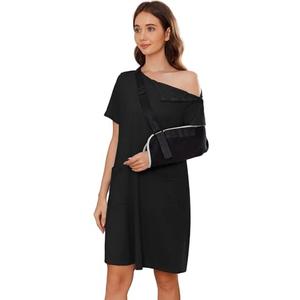 Deyeek Women's Post Shoulder Surgery dress Tear Away Short Sleeve Full Open Side Snap Adaptive Clothing with Pockets Black M