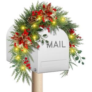 DR.DUDU Christmas Mailbox Swag with Lights  3 FT Prelit Outdoor Swags Garland with Timer, Flowers & Pine Cones for Porch, Home and Outside Entryway Holiday Decorations