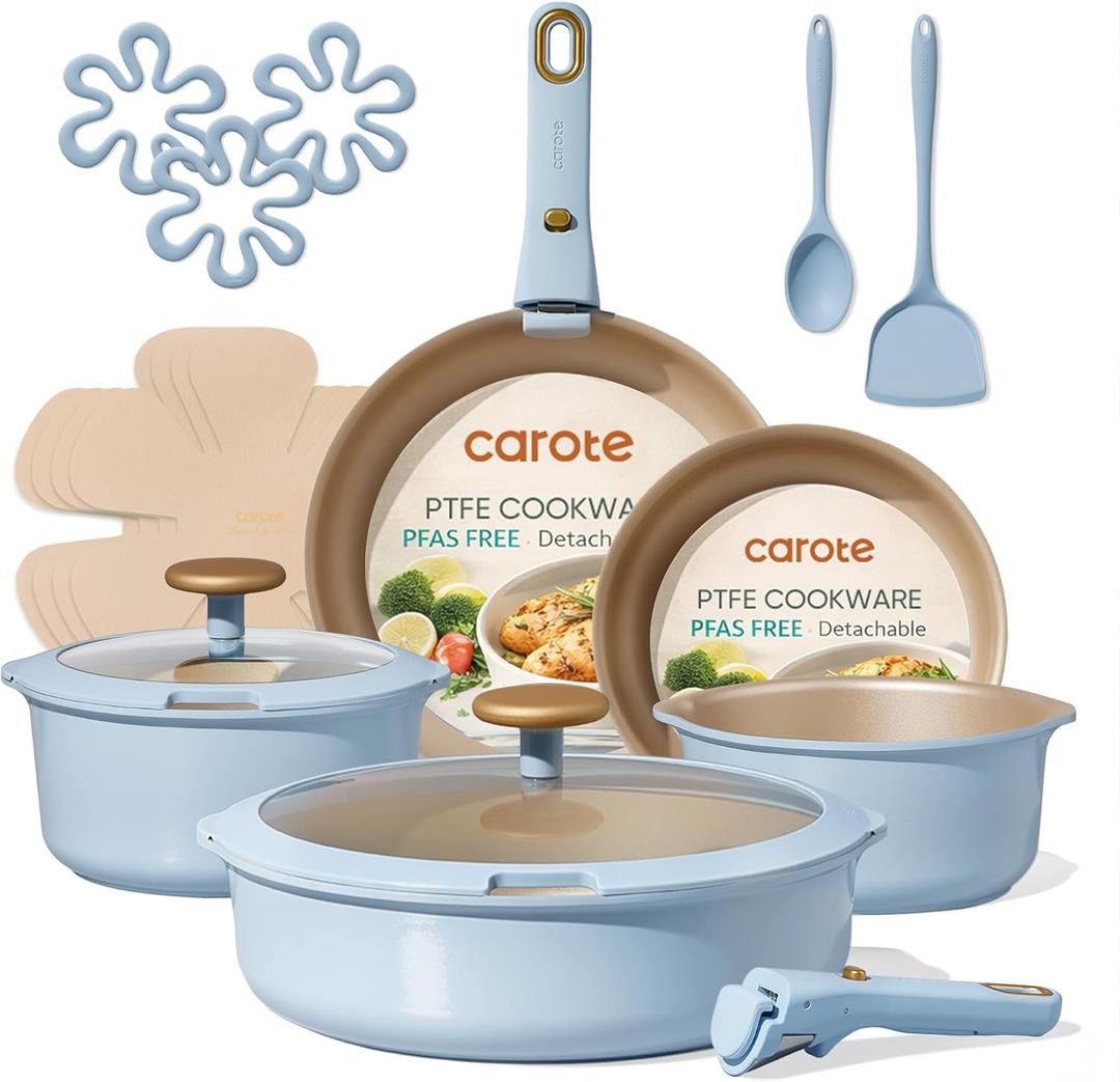 CAROTE 18Pcs Pots and Pans Set Non Stick, Cookware Set with Detachable Handle, Induction Kitchen Cookware Sets, PFOS, PFOA Free, RV Cookware Set, Oven Safe, Blue