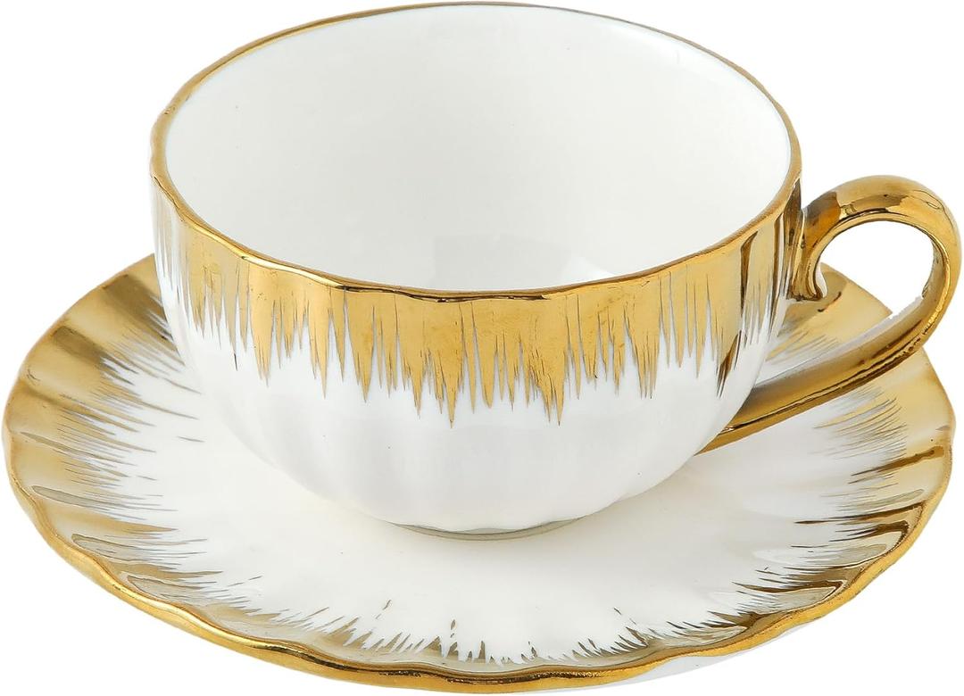 LETAOTAO Cappuccino Cups, 7 oz Porcelain Double Espresso Cups Set, Ceramic Turkish Coffee Cups with Gold Trim, Tea Cups Set of 6, Cafe Cups for Latte, Mocha, Au Lait, White