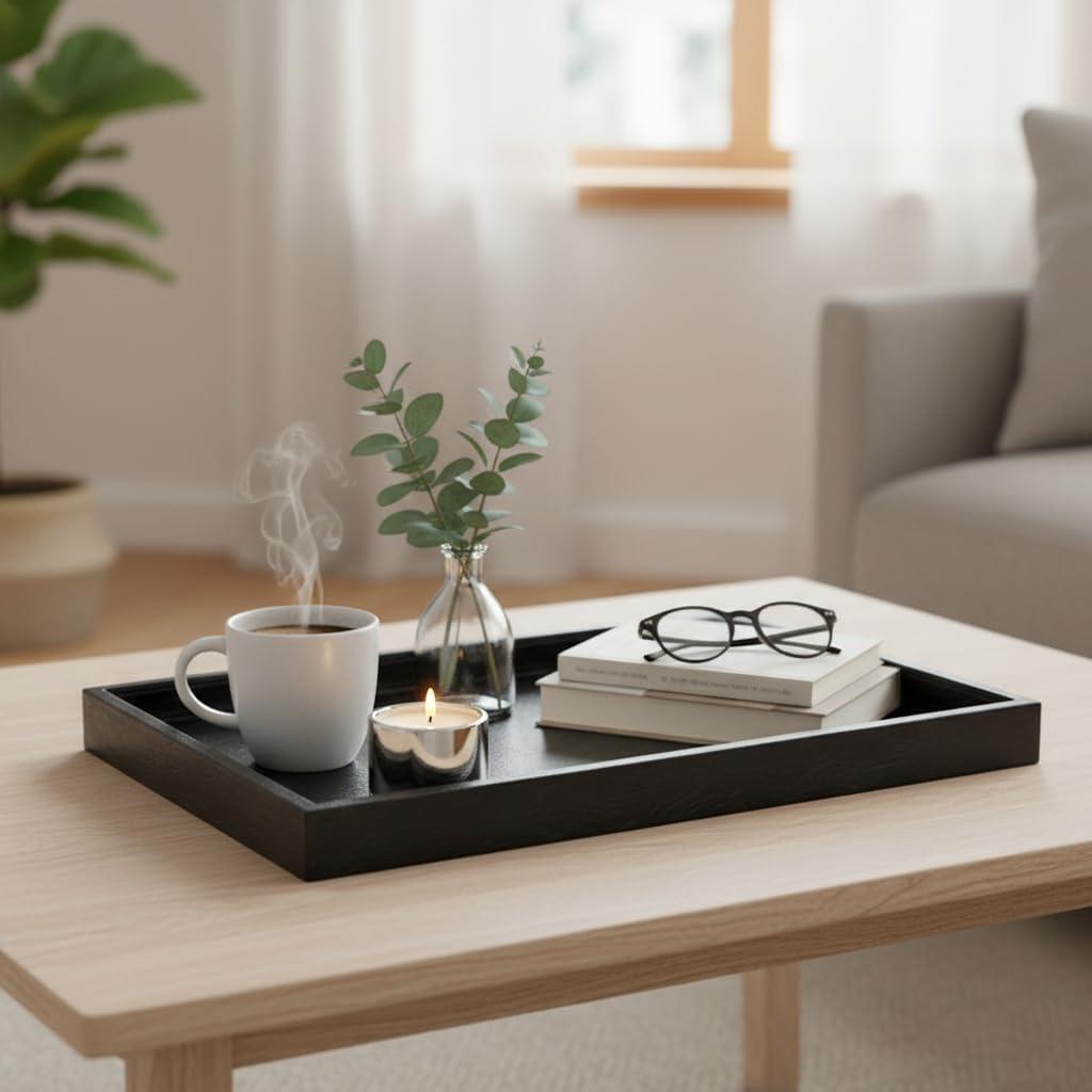 35 x 18 inches High-End Light Luxury Leather Rectangle Oversized Service Tray for Ottoman Tray, Coffee, Food, Family Dinner, Picnic, Party Essentials (Black, 35 x 18 inch)