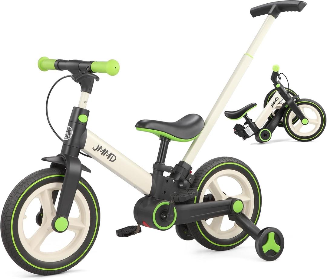 JMMD Toddler Bike with Push Handle for Kids 18-60 Months, 6 in 1 Foldable Push Bike with Training Wheels, Pedals, Brakes, Kickstand, Kid Balance Bike Gift & Toys for Boy & Girl (Large, Green)