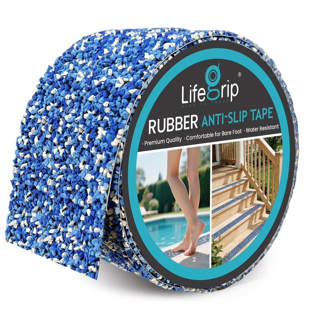LifeGrip Rubber Anti Slip Tape, Waterproof Grip Tape for Pool, 4 Inch x 15 Foot Non Slip Safety Tape for Stairs, Outdoor, Shower, Wooden Stairs, Textured Comfortable for Bare Foot, Blue