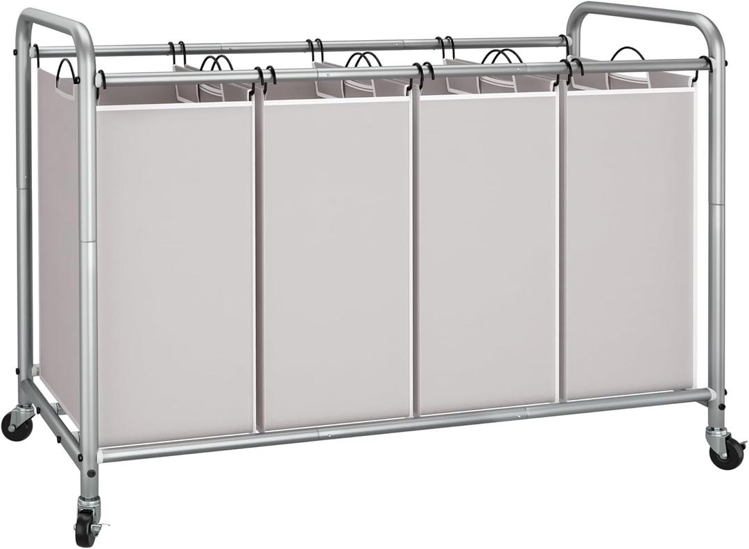 STORAGE MANIAC Laundry Sorter 4 Section, 47.5 Gal (180 L) Laundry Hamper with Wheels, Clothes Divider Basket Sorter, Clothes Separator Hamper Cart with Wheels and Removable Bags, Gray