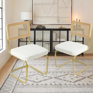 CangLong Velvet Dining Chairs Set of 2, Rattan Dining Chairs with Metal Legs & Natural Mesh Rattan Backrest, Armless Accent Chairs with Upholstered Cushion for Kitchen, Living Room, White