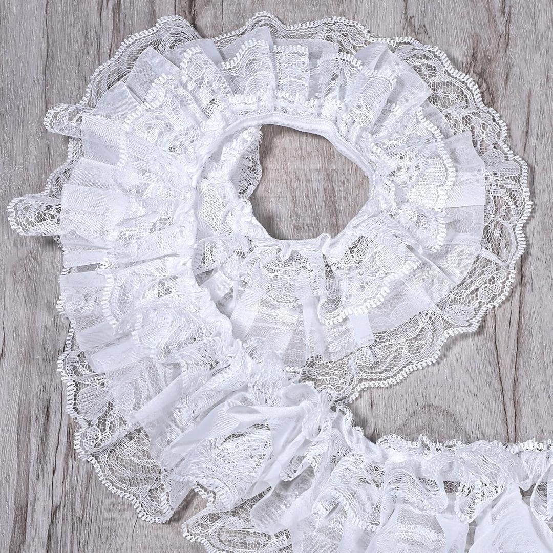 White Ruffle Trim 5.5 Yards White Fabric Lace Trim 2-Layer Pleated Edge Elastic Trims for Crafts Sewing DIY Gift Wrapping Dress Decoration 3.34" Width