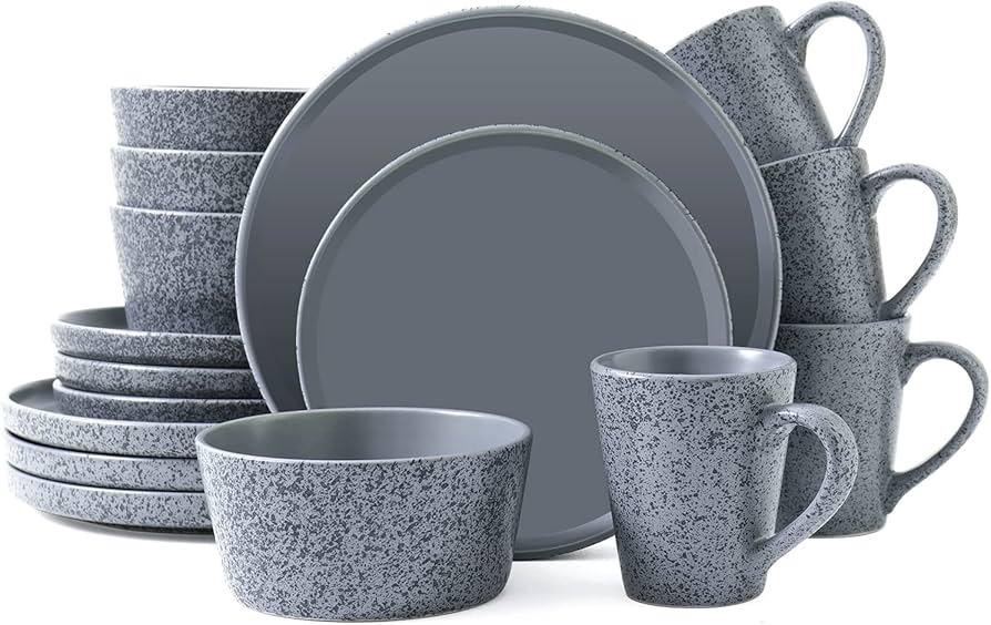 Bestone 16 Piece Round Kitchen Dinnerware Sets,Plates and Bowls sets,Dishes, Dinner Plates, Cereal Bowls SetBowls, Mugs, Dish SetPlates and Bowls,Service for 4, Stoneware Dinnerware,Grey