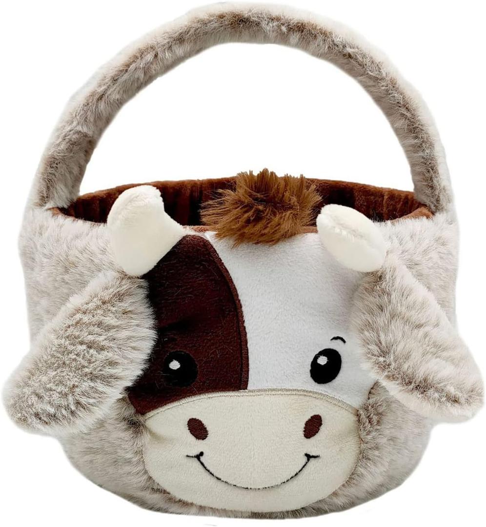 Cute Plush Cow Easter Basket for Kids, Cow Easter Buckets with Plush Ear, Candy Buckets Storage Tote Bag Easter Decorations (Cow Easter Basket, 7.9"L x 7.9"W x 9.8"H)