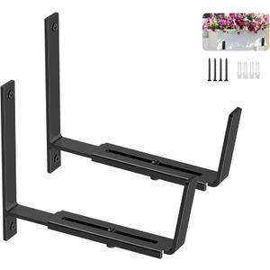 Y&M 2 Pack Adjustable Planter Box Brackets (6 to 12.5 in), Universal Window Box Brackets, Heavy Duty Iron Flower Box Wall Mounting Hooks for Balcony, Fences, Patio, and Garden - Black