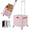Homsmart Folding Utility Cart Portable Rolling Crate Handcart Shopping Trolley Collapsible Tool Box, with Lid, Basket on 4 Rotate Wheels, for Grocery, Shopping, Office, Teacher (Pink)