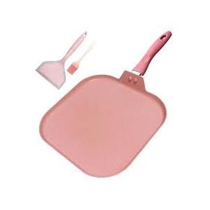 Paweiya Square Griddle Pan for Stove Top Nonstick, Flat Pan with Spatula & Brush, 11"X 11" Pink