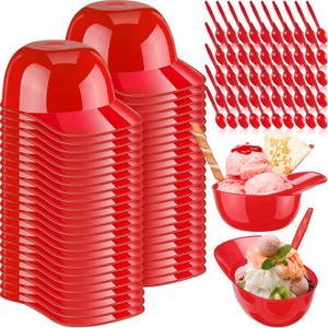 Irenare 50 Sets Mini Baseball Helmet Ice Cream Snack Bowls 8 oz with Disposable Taster Spoons Set Small Plastic Ice Cream Cups Dessert for baseball Party Gift (Red)