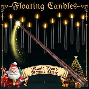 NURADA Floating Candles with Wand Remote Timer - Magic LED Hanging Flameless Taper Candles Flickering Battery Operated for Halloween Birthday Theme Party Holiday Home Window Decor - Black 12 Pack