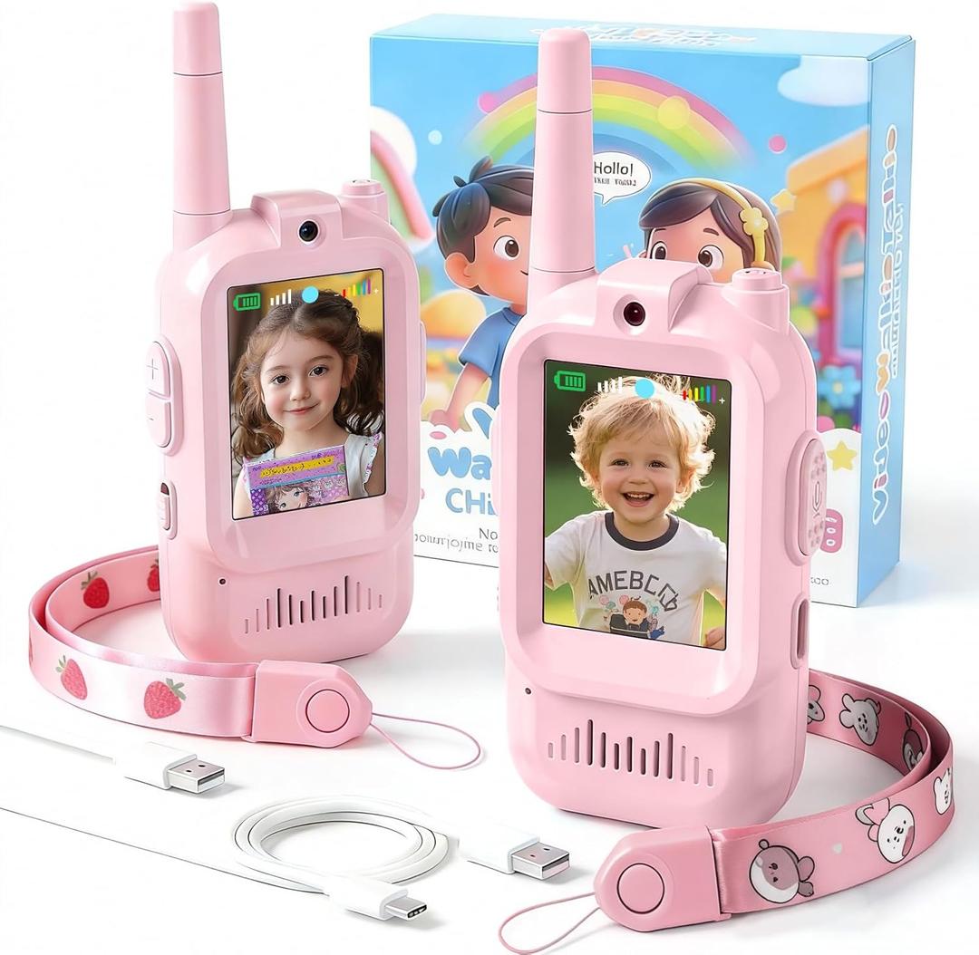 Video Walkie Talkies for Kids 2 Pack Rechargeable, HD Camera Real-Time Video Chat, Voice Changer 2 Way Radio Toys, Long Range Safe Portable for Outdoor Camping Play, Best Birthday for Boys Girls (Pink)