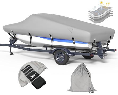 5-ply 1200D Boat Cover with Storage Bag & Widened Straps for Trailering & Mooring Fits 14-16ft Bass Boat, V-Hull, Tri-Hull Runabout Pro-Style Fishing Boat - Waterproof Anti-uv and Breathable