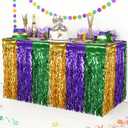 CCINEE 4 Packs Mardi Gras Fringe Table Skirt Party Decorations, 36ft Purple Green Gold Wavy Metallic Tinsel Foil Carnival Table Skirts For Mardi Gras Carnival Holiday Masquerade Party, Gold and Purple