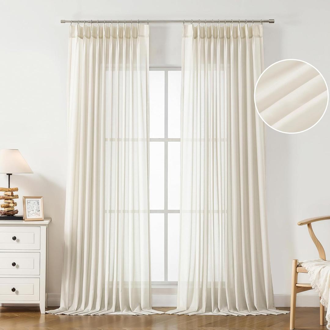 WEST LAKE Egret Ivory Pinch Pleated Sheer Curtains 102 Inches Long,Cream Soft Rustic Drapes for Bedroom Living Room,Farmhouse Back Tab Hook Window Treatment,Custom Multi Sizes,58" Wx102 Lx2