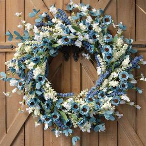 Bibelot 22 Inch Spring Wreath Blue with Green Leaves Wreaths Blue Daisy Artificial Grains White Flower Wreath for Front Door Wreaths,Farmhouse Decor Indoor&Outdoor Wedding Wall Home Decor