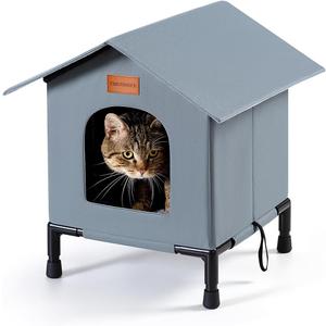Insulated Cat Shelter Weatherproof Outdoor Cat House with Self-Warming Insulation Raised Bottom and Waterproof Roof for All-Season Protection (Grey, Medium)
