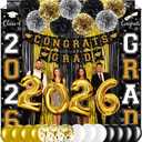 Graduation Party Decorations Class of 2026, Graduation Decorations with Congrats Grad Banner Fringe Foil Curtain Paper Flower Ball Balloon for High School College Graduation Party Supplies, Black Gold