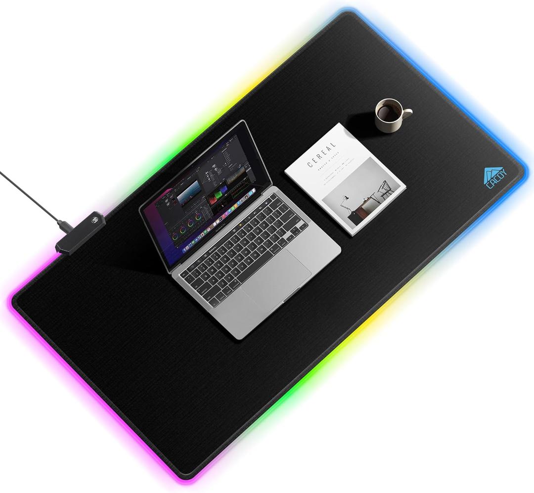 Cacoy 40" x 20" RGB Mouse Pad XXL, Extended Desk Mat with Smooth Surface and 9 Lighting Effects, LED Lighting Desk Pad with Stitched Edges and Non-Slip Rubber Base, Gaming Computer Mouse Mat, Black