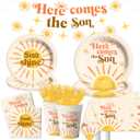 142Pcs Here Comes the Son Baby Decorations-1st Birthday Party Supplies for Boys Boho Sun Tableware Retro Sunshine Here Comes the Son Plates and Napkins Set for 20 Guests
