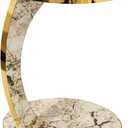 Luxury C Shaped Golden Effect Side Table with Wheels, Premium Faux Marble Round End Table with Gold Trim Edge, Elegant Slide Under Couch, Sofa for Living Room Small Spaces (White Marble)