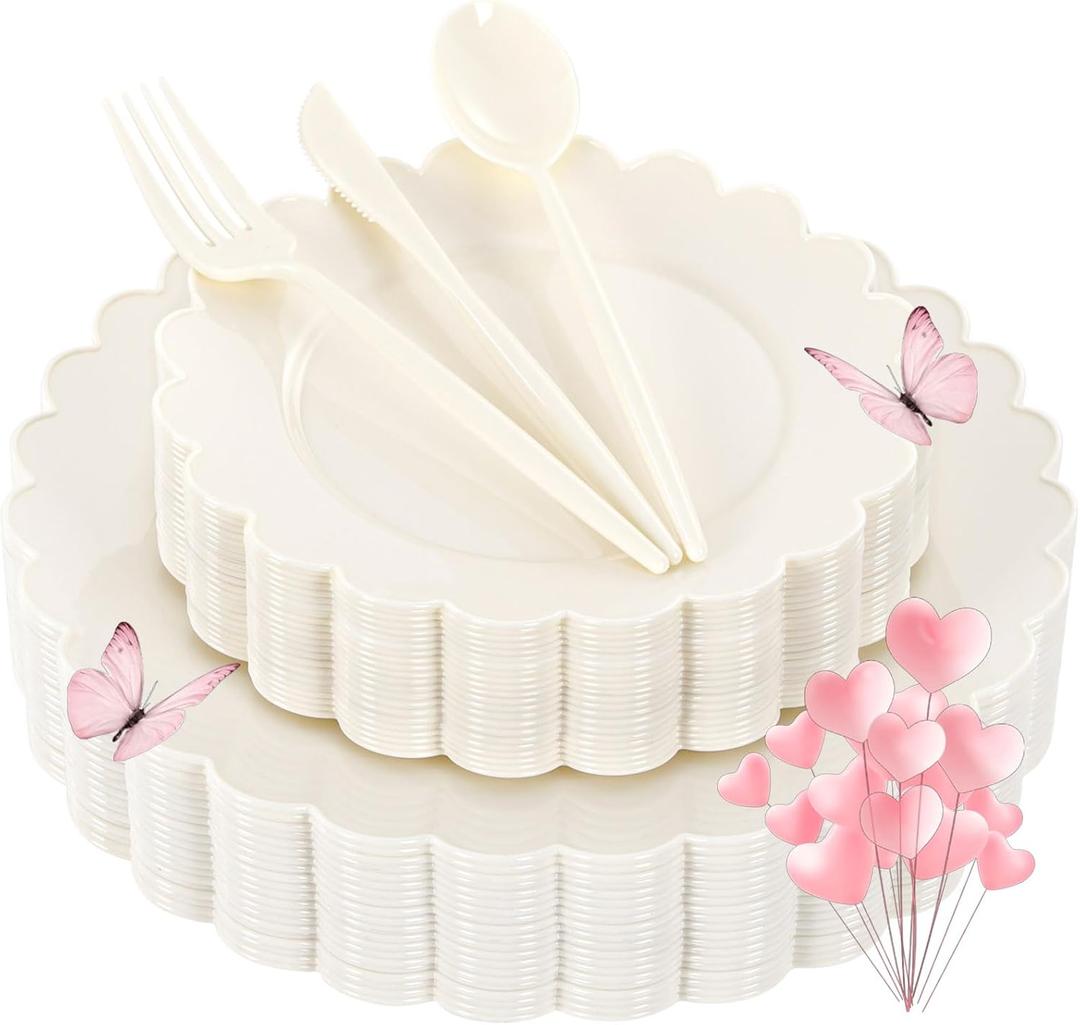 WONDERFUL 150 Pcs Ivory Plastic Plates for Party Disposable Heavy Duty Holiday Plates Ivory Plastic Dinnerware Sets for 30 Guests - 60 Disposable Plate 90 Silverware Sets Scalloped Vintage Design