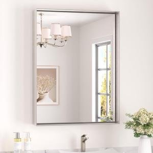 Keonjinn 24 x 32 in Brushed Nickel Bathroom Mirror for Wall, Silver Rectangular Metal Framed Vanity Mirror for Bathroom Sink Square Corner Aluminum Alloy Modern Rectangle Mirror(Horizontal/Vertical)