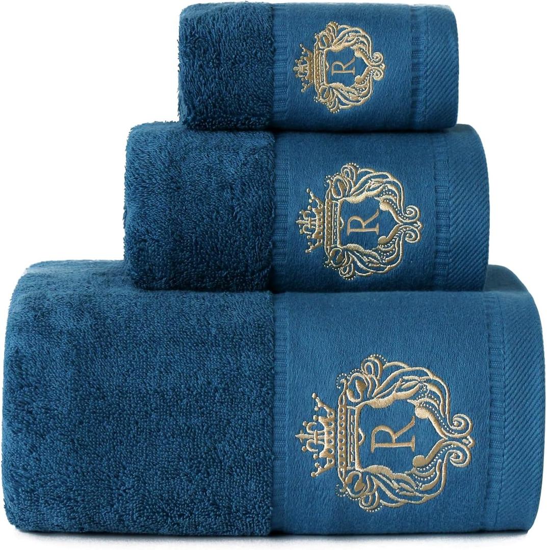 Luxury Bathroom Super Soft and Highly Absorbent Premium 100% Cotton Bath Towel Set for Gifts (Blue-R)