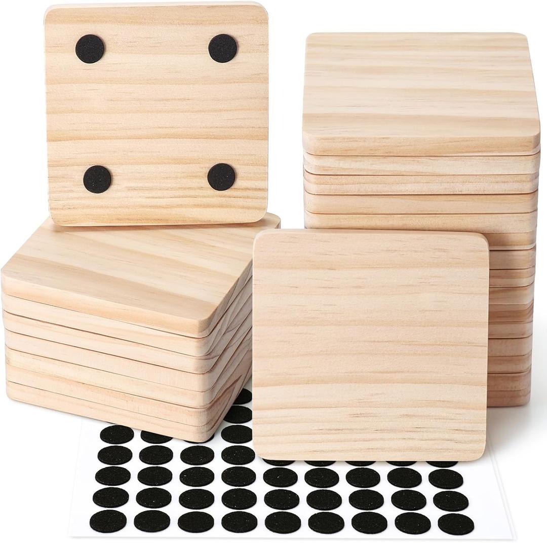 24 Pieces Unfinished Wood Coasters, GOH DODD 4 Inch Wooden Slices Blanks Bulk Set with Soft Foot Pads for Drinks Crafts Laser Engraving Wood Burning Staining Drawing Painting Decoupage Wedding, Square