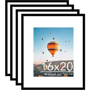 JCJMY 16x20 Picture Frame Set of 4 with 11x14 Mat, Display Photo 11x14 with Mat or 16 x 20 Without Mat, Wall Hanging Large 16 by 20 Poster Frame with Plexiglass, 4 Pack, Black