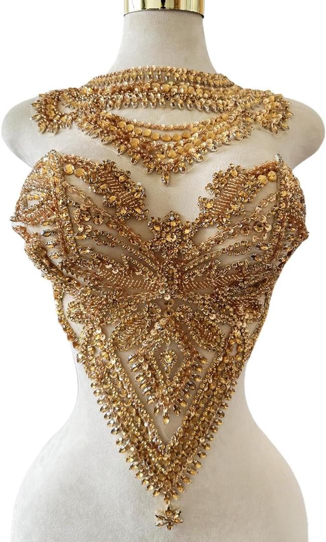 Handmade Rhinestones Applique sew on lace Crystal Sequins Trim Patches Accessories for Dress Clothing Neckline and Chest Decorative Material 2PCS/Set (Champagne)