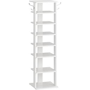 HOOBRO 8 Tiers Vertical Shoe Rack, Wooden Shoe Storage Organizer with Hooks, Narrow Shoe Tower for 8 Pairs, Space Saving, for Entryway, Living Room, Bedroom, White WT07XJ01G1
