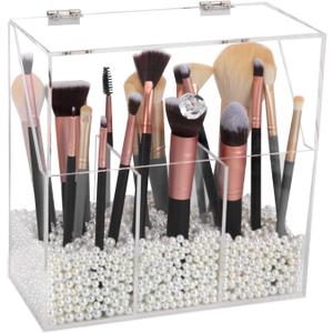 Acrylic Makeup Brush Holder, Clear Cosmetic Storage Box with 3 Brush Holders, Dust Cover, Large-Capacity Split Design for Organizing Vanity Desk