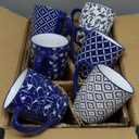 Ceramic Coffee Mugs Set - 10 OZ Large Porcelain Tea Cups with Handle for Cappuccino Latte Cocoa Milk Tea - Christmas Housewarming Gift - Microwave Dishwasher Safe - Set of 6 - Blue and White